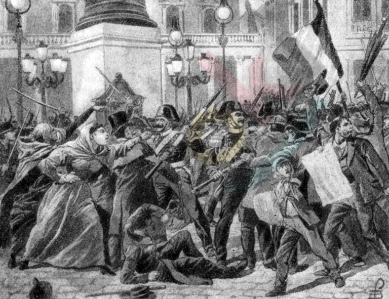 Антивоенная демонстрация на площади Колонна в Риме. Гравюра по рисунку Л. Ш. Бомбледа. 1896 г.
