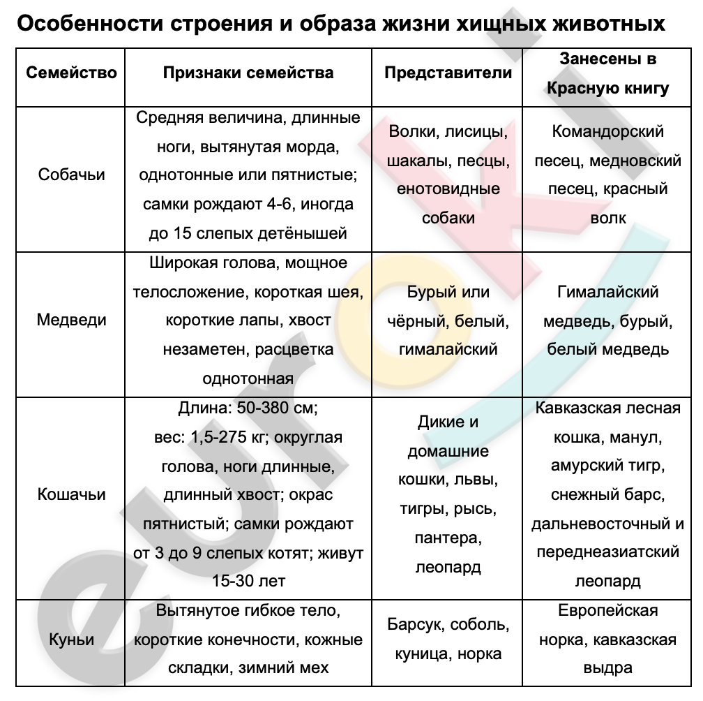 Таблицa по биологии 7 класс Особенности строения и образа жизни хищных животных