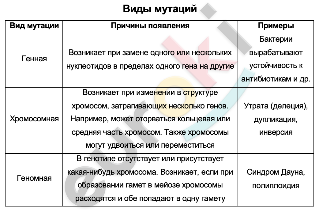 Таблицa по биологии 9 класс Виды мутаций