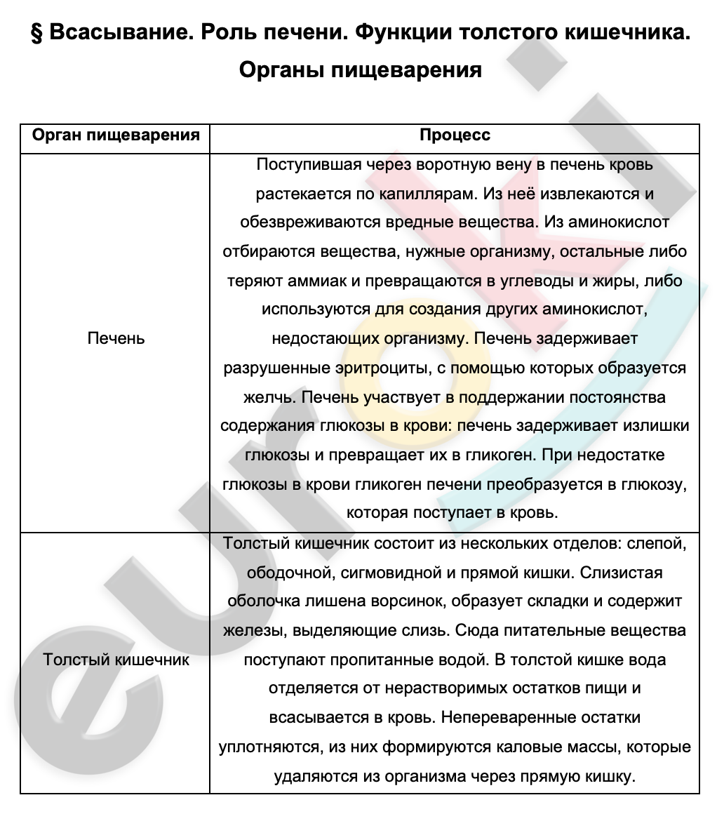 Таблицa по биологии 9 класс Всасывание. Роль печени. Функции толстого кишечника. Органы пищеварения