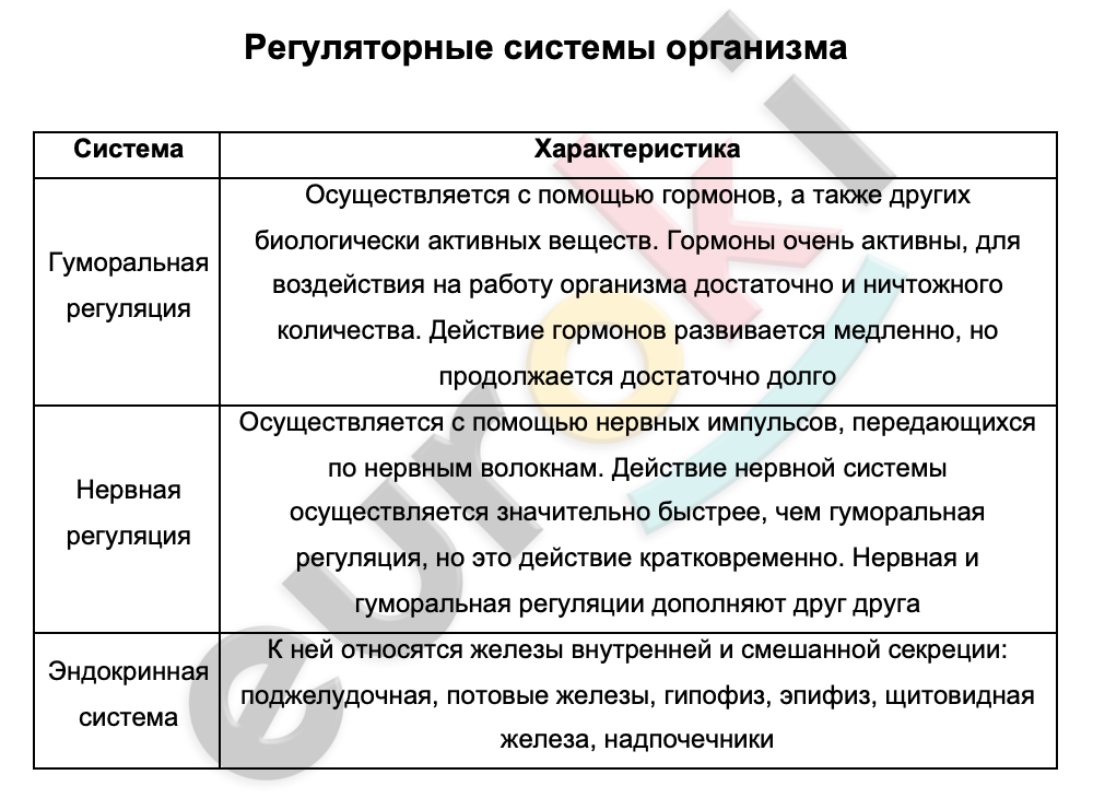 Таблицa по биологии 9 класс Регуляторные системы организма