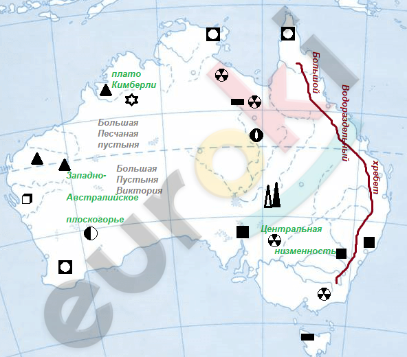 На контурной карте нанести рельеф австралии