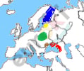 A map of europe with different colored spots Description automatically generated