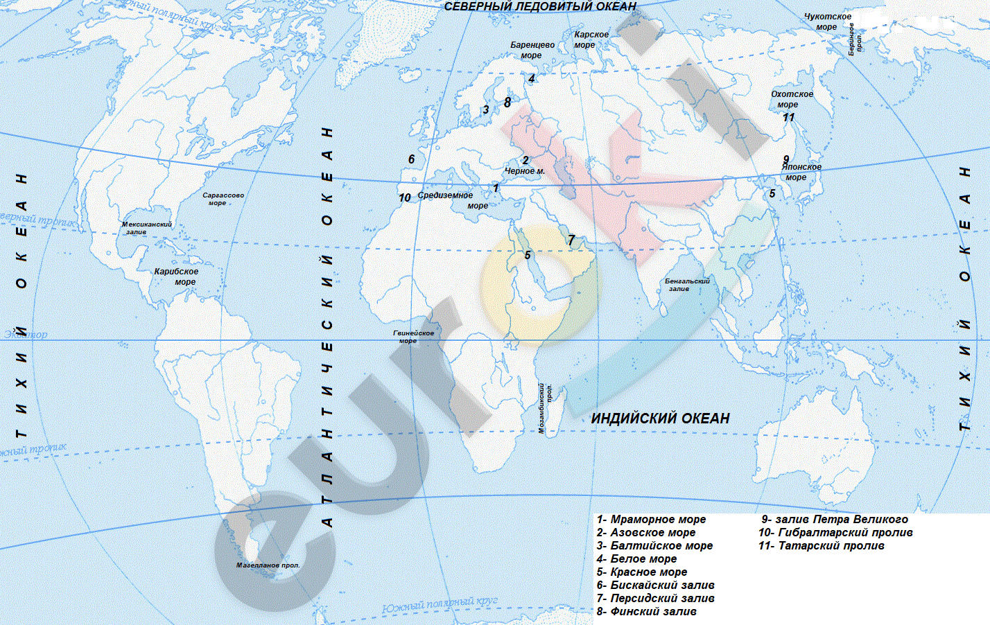 6 морей на контурной карте
